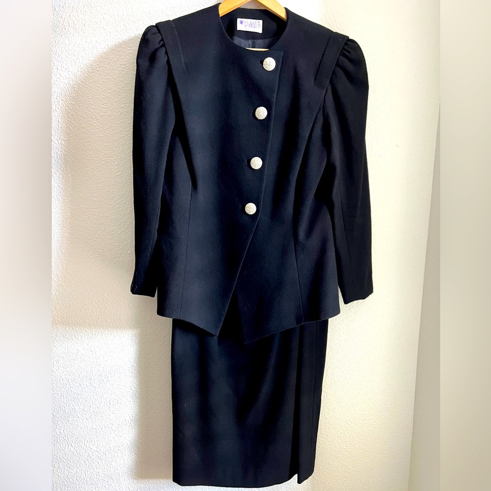 80s Vintage Size 14 Black 100% Wool Mob Wife Black Blazer Skirt Statement Suit